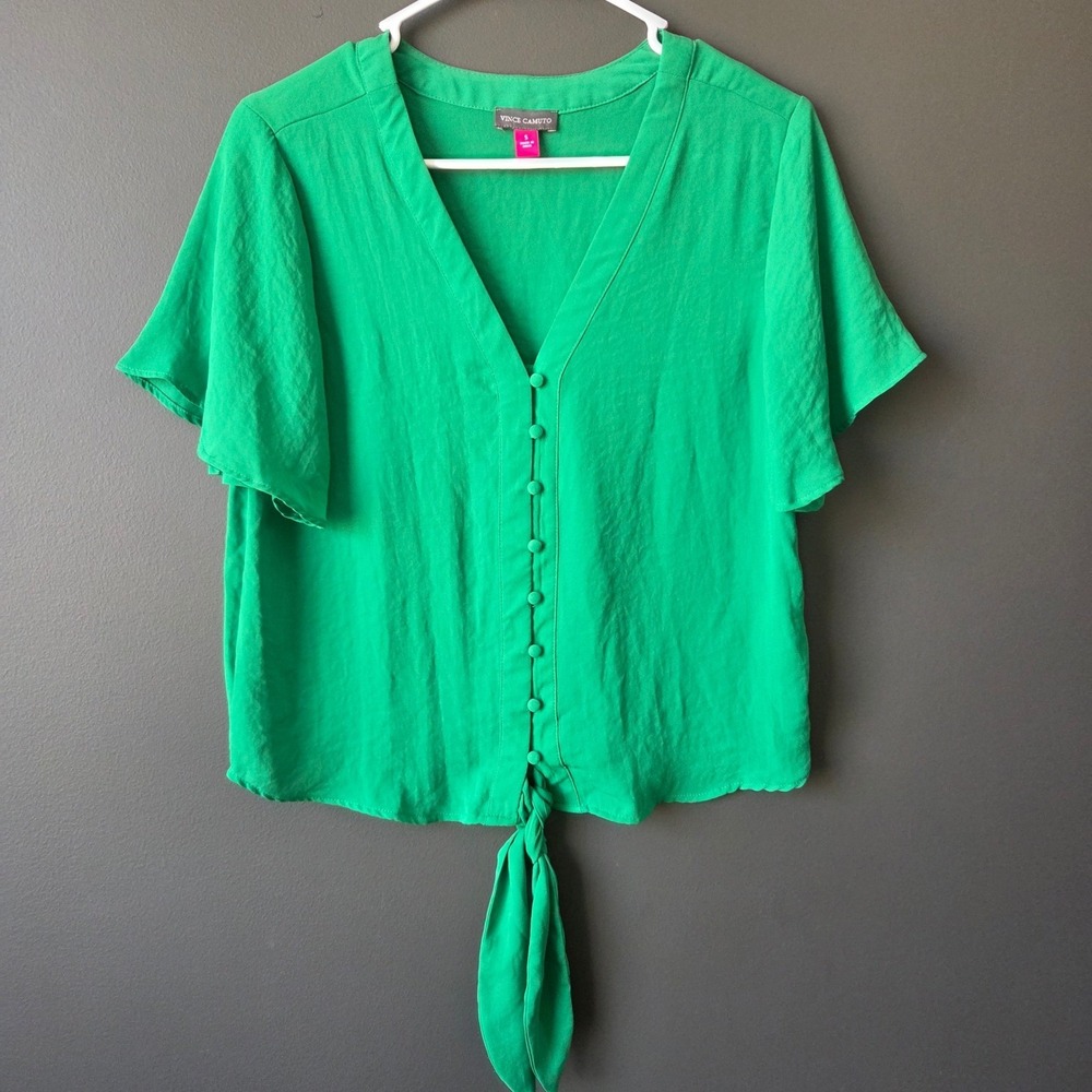Vince Camuto Green Button Front Tie Hem Flutter Sleeve V-Neck Blouse Womens S